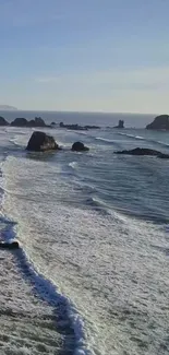 A stunning ocean view with rocky coastline and blue sky.