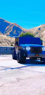 Rugged jeep on mountain road under a vibrant blue sky.