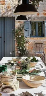 Rustic outdoor dining setup with stone wall and tableware.