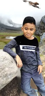 Boy leaning on rock in scenic outdoor setting, perfect for nature wallpaper.