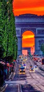 Paris sunset with Arc de Triomphe and vibrant sky.