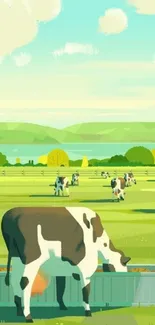 Illustration of cows grazing in a bright green pasture under a blue sky.