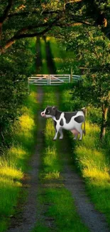 Mobile wallpaper of a scenic green path with a cow emoji.