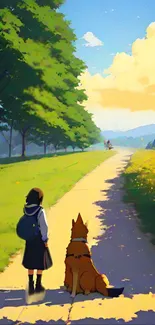 Anime girl and dog on a scenic path under a blue sky.