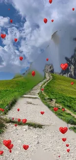 Path through green hills with red hearts floating in the sky.