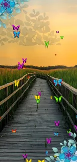 Sunset over a path with vibrant butterflies and flowers.