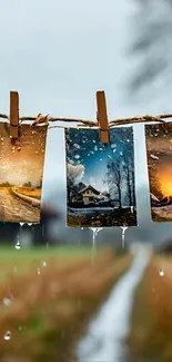 Three landscape photos hanging on clothesline.