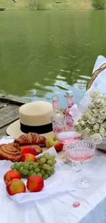 Lakeside picnic with fruits, flowers, and a serene water view.