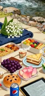 Scenic picnic set by a serene river.