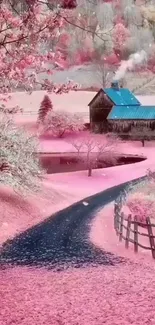 A scenic pink landscape with a rustic barn and winding road.