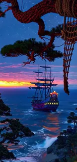Pirate ship sailing on the ocean at sunset.