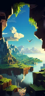 Pixel art cave scene with landscape and sky.