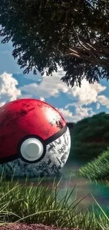 A giant Pokeball in a lush, scenic landscape with vibrant greens and a clear sky.