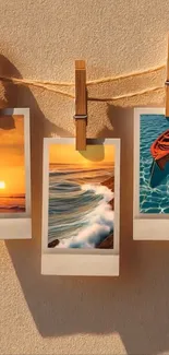 Polaroid photos of sunset, waves, and canoe hanging on a clothesline.