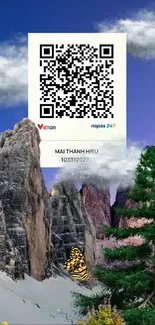 Mountain wallpaper with QR code and butterfly on scenic background.