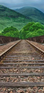 Scenic railway through green hills under a blue sky.