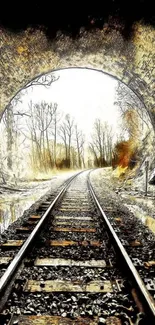 Artistic railway tunnel view in scenic landscape wallpaper.