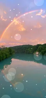 Beautiful rainbow arching over a serene river with lush greenery.