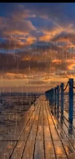 Serene pier at sunset with rain falling on ocean.