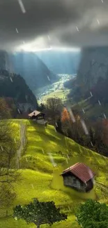 Rain-soaked scenic valley with cottages and green hills.