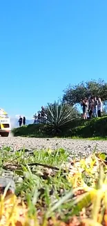 Rally car driving on scenic road with blue skies and greenery.