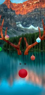 Festive reindeer antlers over a serene mountain lake with holiday decorations.