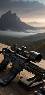 Rifle on wooden deck with mountain view at dawn, perfect scenic phone wallpaper.