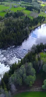 Aerial view of a river, forest, and cabin in lush green landscape.