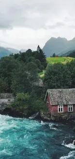 Picturesque river with a quaint cottage surrounded by lush greenery.