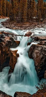 Captivating nature wallpaper with waterfall and forest.