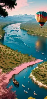 Colorful hot air balloon over scenic river with pink blossoms.