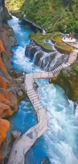 Scenic river pathway with vibrant blue water and lush green surroundings.