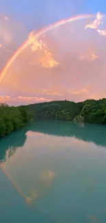 River landscape with rainbow and serene sky wallpaper.