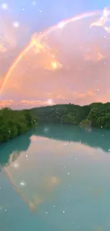 Serene river with rainbow in pastel sky.