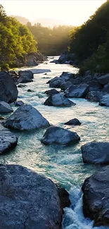 Scenic river at sunset with lush greenery and rocks.