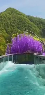 Serene river view with purple flowers and lush green hills.