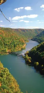 Scenic view of river valley with green hills and blue sky.