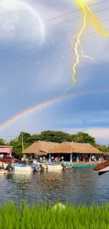 Scenic village by river under vibrant sky with lightning and rainbow.