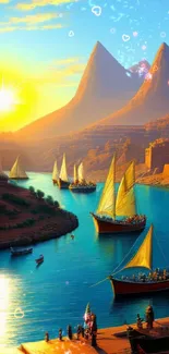 Vibrant sunset river with sailboats and mountains.