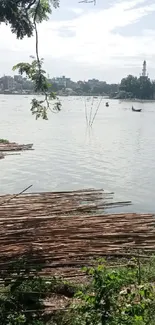 Serene river view with greenery and distant cityscape.