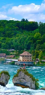 Scenic view of a river with lush green forest and houses in the background.