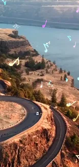 Scenic road along a cliff with music notes above a river.