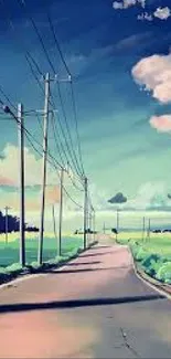 Anime wallpaper of a scenic road with blue skies and lush fields.