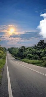 Scenic road under sunset sky with lush greenery and tranquil atmosphere.