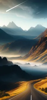 Scenic view of a winding road through a mountain valley under vibrant skies.