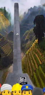 Steep road through lush terraced hills with cars in a scenic landscape.