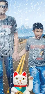 A man and boy hold hands on scenic road with mountain view.