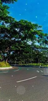 Scenic road under a vibrant blue sky with lush green trees.