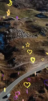 Mountain road with celestial icons and scenic view.