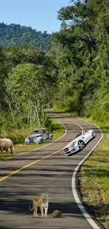 Scenic road with exotic animals and cars along a lush forest path.